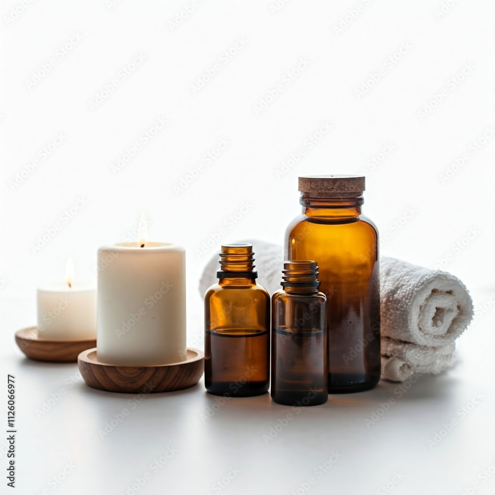 spa relaxation with candles essential oils and white towel on white background spa relaxation with candles essential oils and white towel on white background