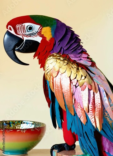 Vibrant Holographic Gradient portrait of a macaw wearing an embroidered Vibrant Holographic Gradient pink, red, lilac, green, blue, art deco printed pottery snakes art deco printed pottery snakes on t photo