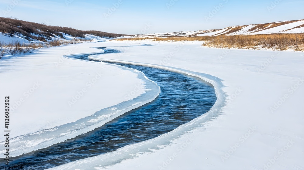 Obraz premium Frozen River Winding Through Snowy Landscape