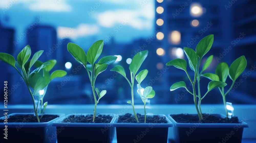 Urban Gardening: Seedlings Illuminated at Dusk