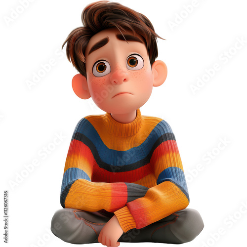 Stressed Cartoon Young Man in 3D Style Wearing Striped Isolated on Transparent or White Background, PNG