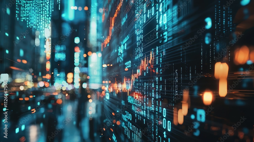 Obraz premium Futuristic Cityscape with Digital Data Visualization Representing Artificial Intelligence, Big Data, and Technology Advancements at Night in Neon Lights