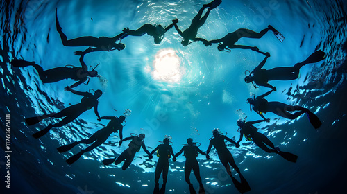 Underwater divers holding hands in a circle, silhouetted against sunlight. photo