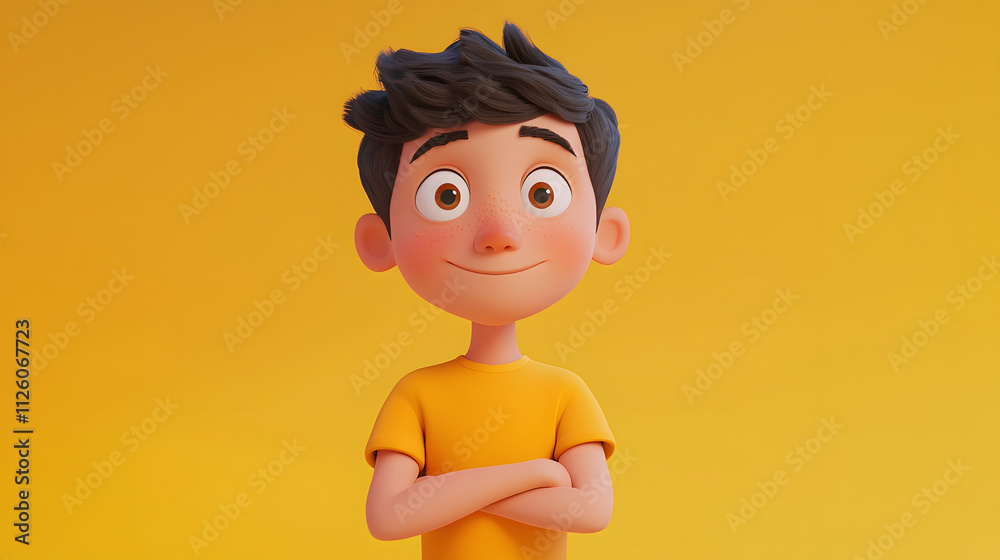 A minimalistic 3D illustration of a cheerful cartoon character in a yellow shirt, smiling confidently, set against a bold yellow background A minimalistic 3D illustration of a cheerful cartoon character in a yellow shirt, smiling confidently, set against a bold yellow background