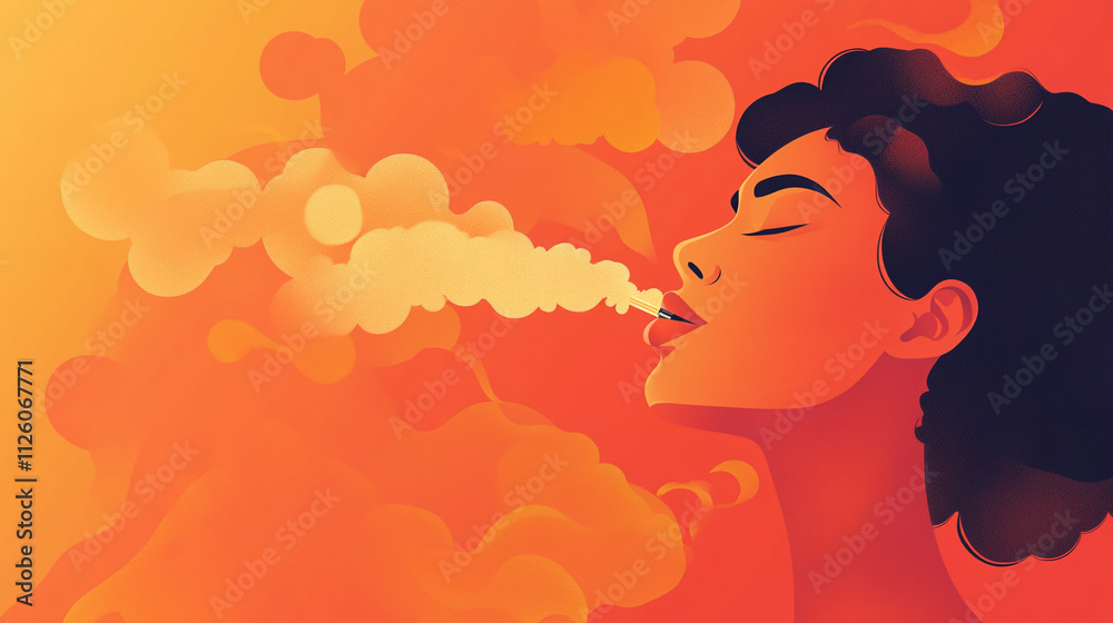 Woman exhales smoke in a vibrant sunset with warm colors and soft cloud patterns Woman exhales smoke in a vibrant sunset with warm colors and soft cloud patterns