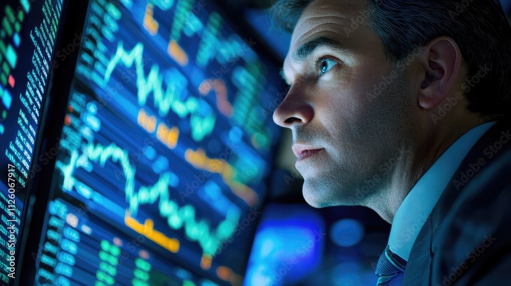 Professional man analyzing financial data on digital screen, focused on stock market trends, with glowing charts and graphs in a modern office environment