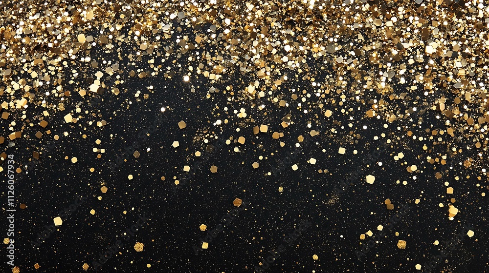 A shimmering abstract glitter light background featuring soft golden particles scattered across a deep black canvas