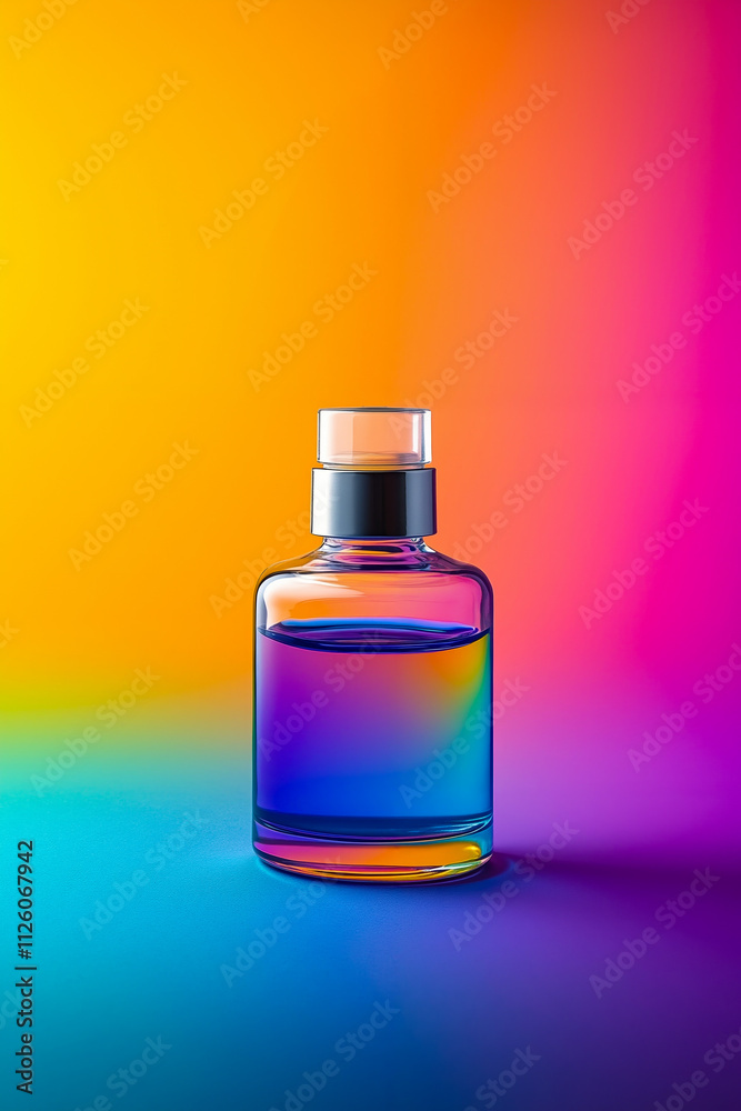 A bottle of perfume sitting on top of a colorful surface A bottle of perfume sitting on top of a colorful surface