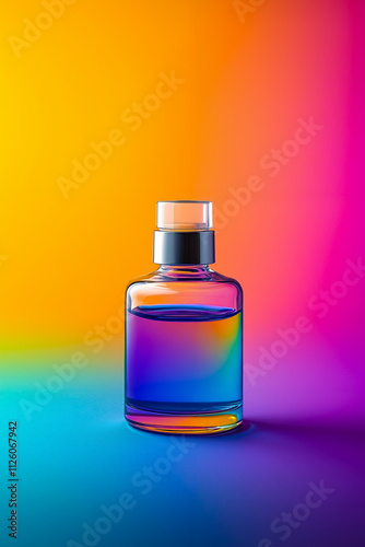 A bottle of perfume sitting on top of a colorful surface