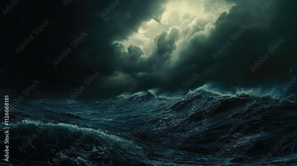 Dark Stormy Ocean Waves Under Brooding Sky with Rolling Clouds and Turbulent Waters in a Dramatic Natural Landscape Scene Dark Stormy Ocean Waves Under Brooding Sky with Rolling Clouds and Turbulent Waters in a Dramatic Natural Landscape Scene