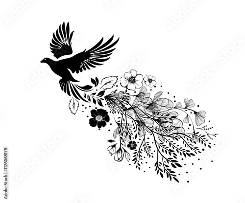 Dove. Abstract bird of peace flies with flowers. hand drawing. Not AI. Vector illustration.