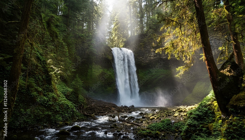 Obraz premium A dramatic image of a tall waterfall cascading through a dense forest, with mist rising from the base and rays of sunlight breaking through the trees.