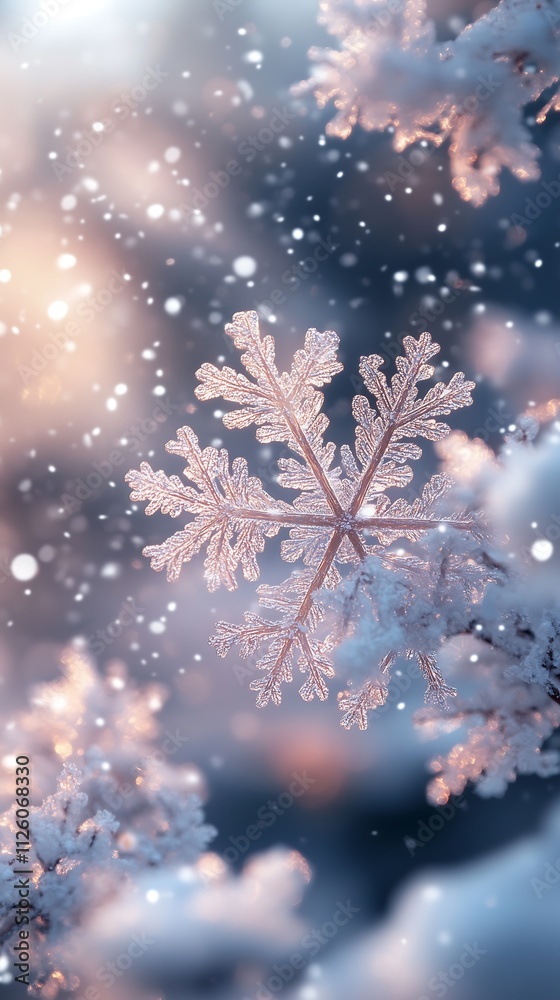 A close-up phone wallpaper focusing on falling snowflakes. The image captures the delicate details of individual snowflakes as they gently descend against a soft, blurred winter background.