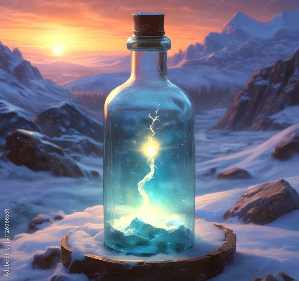 Illustration of bottle with magic spark inside. Illustration of bottle with magic spark inside.