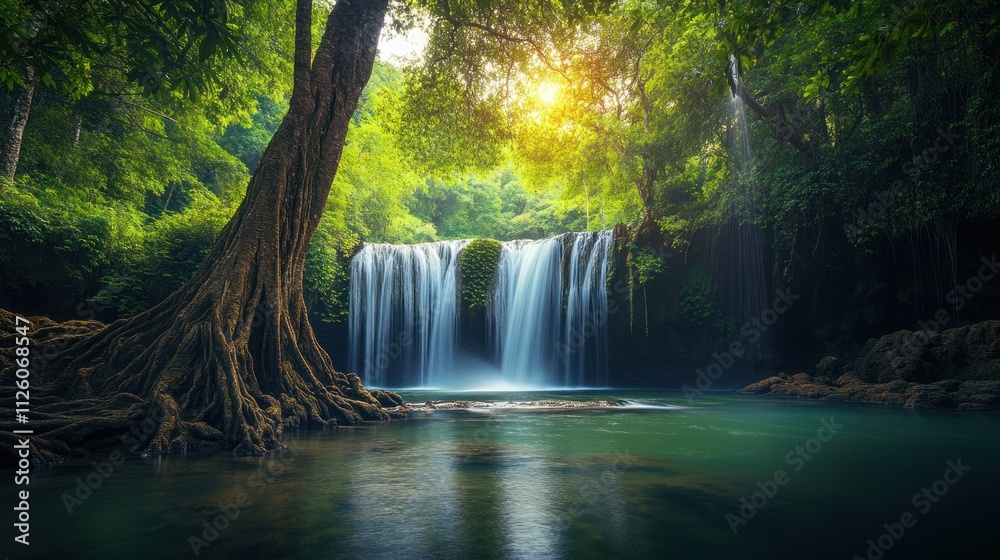Serene Waterfall in Lush Tropical Forest Serene Waterfall in Lush Tropical Forest
