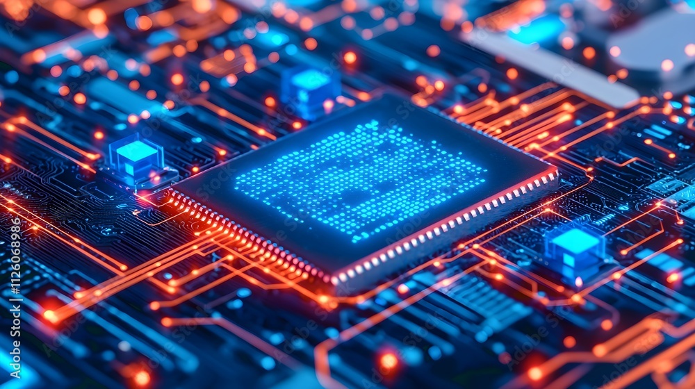 Glowing CPU Processor on Circuit Board Glowing CPU Processor on Circuit Board
