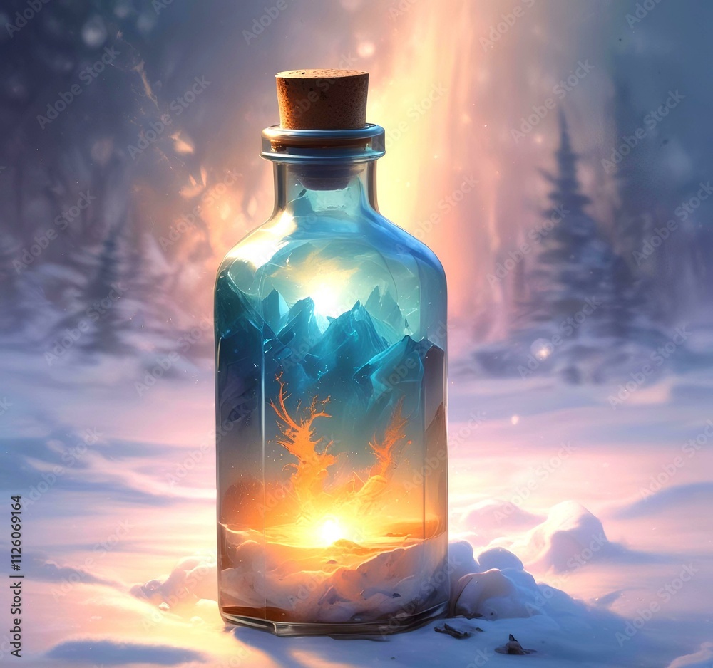 Illustration of bottle with magic spark inside. Illustration of bottle with magic spark inside.
