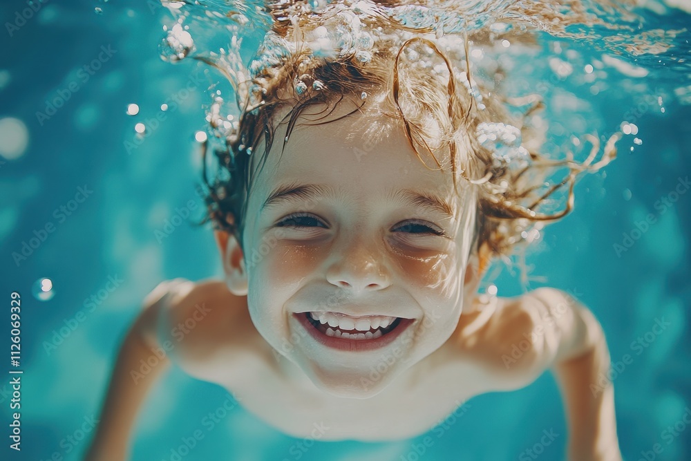 Smiling child underwater, hair wet. Perfect for summer, fun, and kids' themes. Smiling child underwater, hair wet. Perfect for summer, fun, and kids' themes.