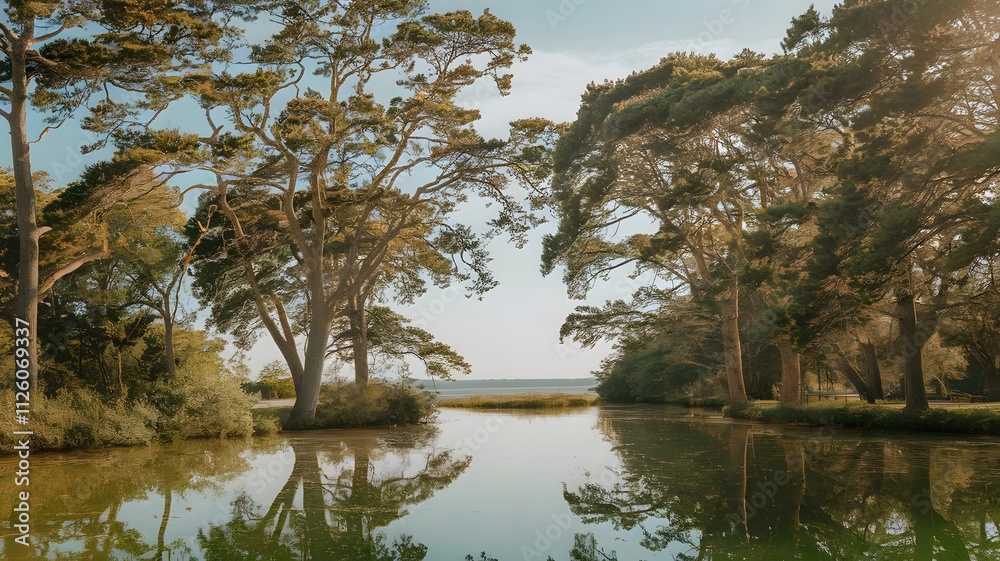 Fototapeta premium A photo of a serene outdoor setting with tall trees and a body of water. The trees have a canopy of leaves that rustle gently in the breeze. The water's surface is calm, reflecting the trees and sky. 