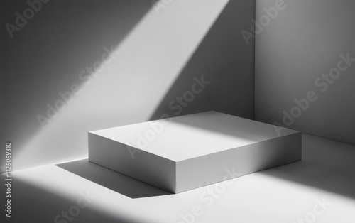 Minimalist presentation surface with dramatic lighting creating shadows in a modern setting photo