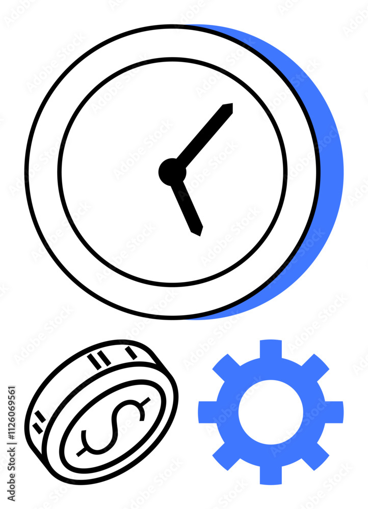 Clock with black hands, dollar coin, and gear icon. Ideal for business strategy, time management, productivity, finance, operations planning and efficiency topics. Line metaphor Clock with black hands, dollar coin, and gear icon. Ideal for business strategy, time management, productivity, finance, operations planning and efficiency topics. Line metaphor
