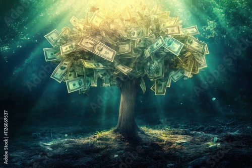 Underwater money tree with dollar bills as leaves, glowing in ethereal light. photo