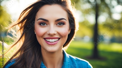 Woman with long hair and a blue shirt is smiling