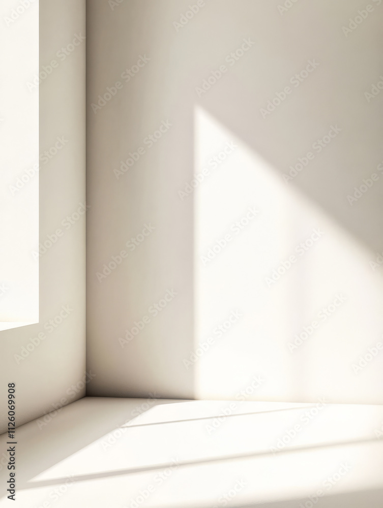 Fototapeta premium Natural light streams into a minimalistic corner creating serene shadows in a bright space