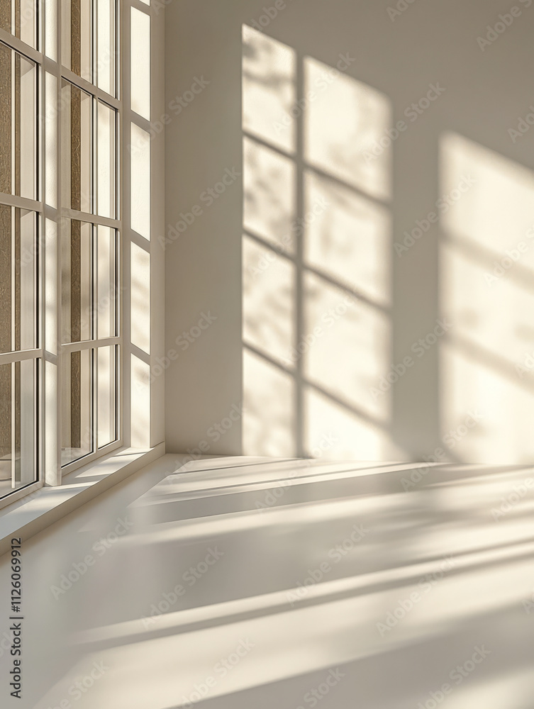 Fototapeta premium Light and shadow play in a minimalist interior space during midday