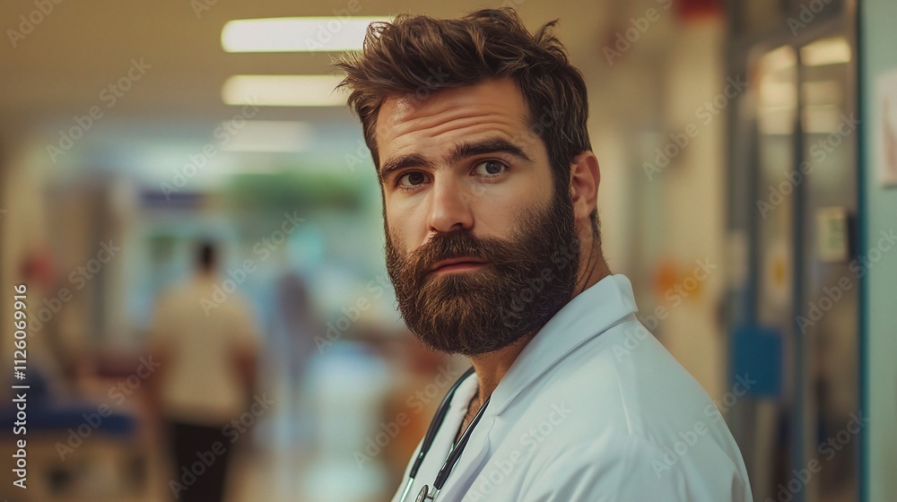 Obraz premium Handsome Young Male Doctor in Hospital Setting with Professional Attire
