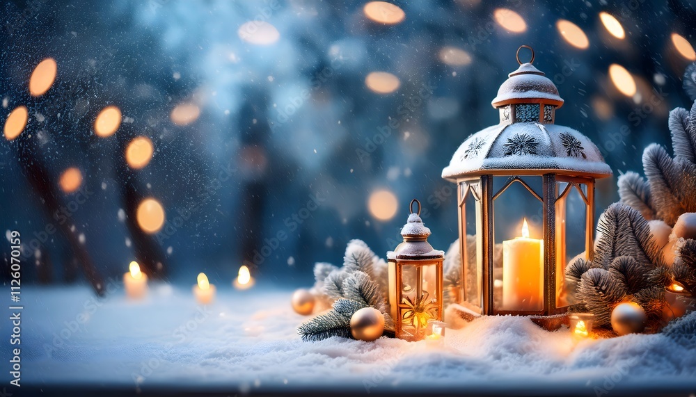 Christmas background with snowfall, lanterns, candles and illumination; happy holidays