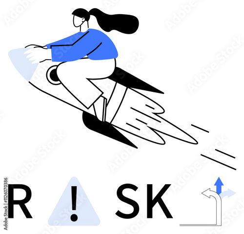 Woman riding a rocket, dodging risks, charting course upwards. Ideal for business success, innovation, risk management, breakthrough, leadership start-ups motivation. Line metaphor