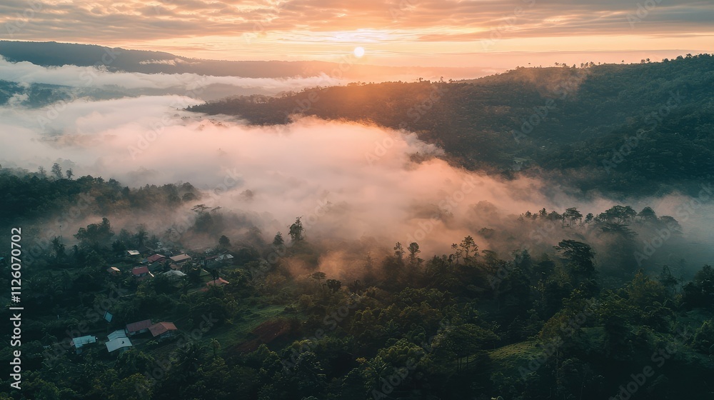 Breathtaking Aerial View of Lush Green Hills and Misty Landscape During Sunrise, Capturing the Tranquility of Nature in a Serene Setting Breathtaking Aerial View of Lush Green Hills and Misty Landscape During Sunrise, Capturing the Tranquility of Nature in a Serene Setting