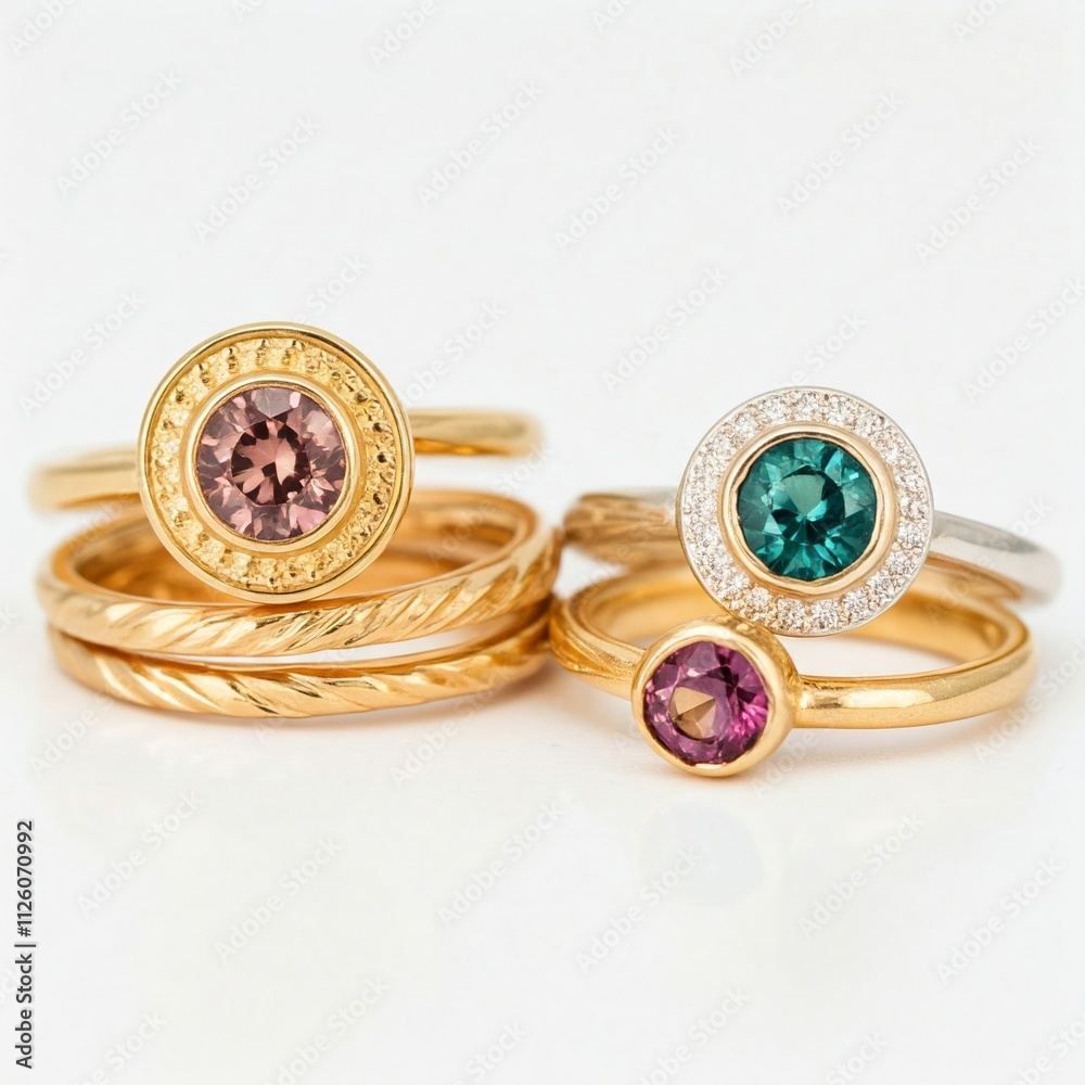 close up of three delicate gold and silver rings with gemstones on a white background close up of three delicate gold and silver rings with gemstones on a white background
