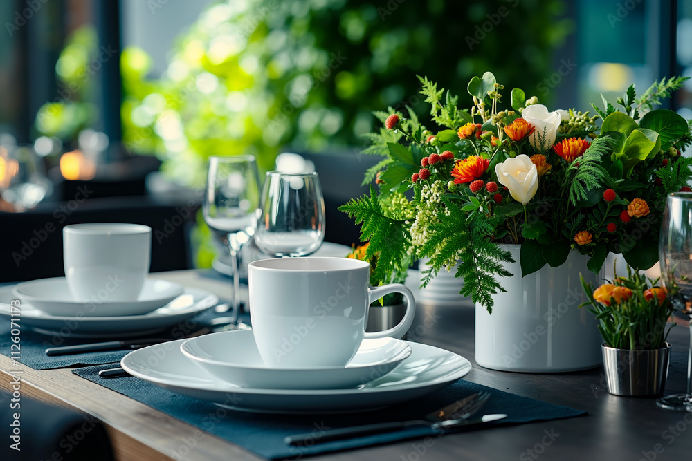 A table set for a formal dinner with flowers in a vase A table set for a formal dinner with flowers in a vase