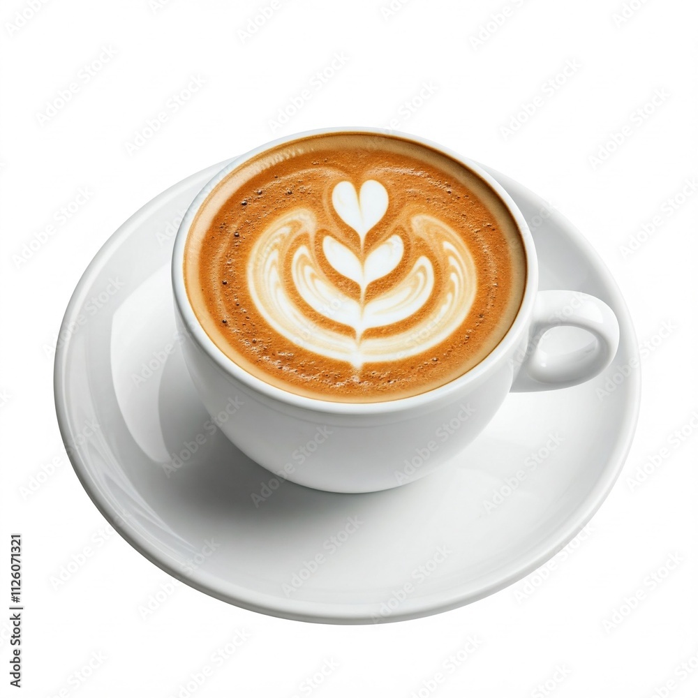 white cup of latte coffee with foamy flower design and saucer on white background white cup of latte coffee with foamy flower design and saucer on white background