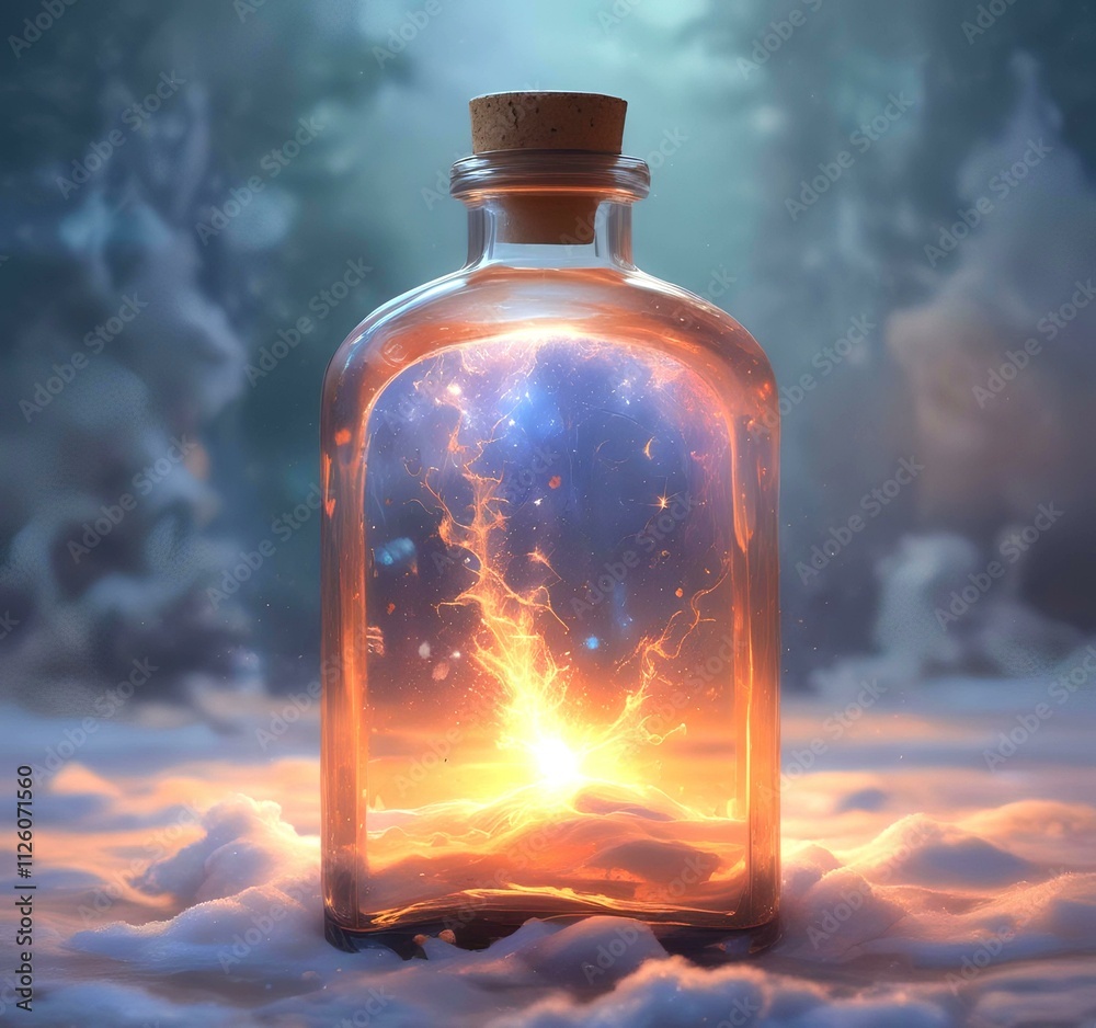 Illustration of bottle with magic spark inside. Illustration of bottle with magic spark inside.