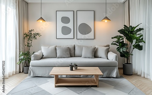 Minimalist living room with grey sofa, wood table, plants, and abstract art. photo