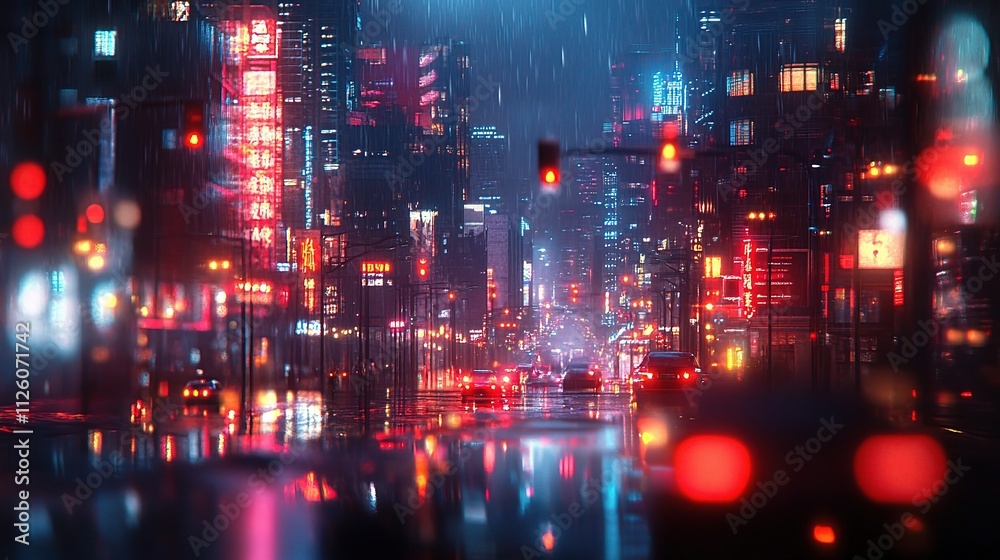 Fototapeta premium Blurred Cityscape at Night with Glowing Lights and Rain Reflections