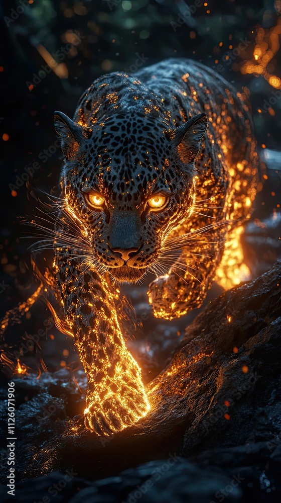 Fiery Jaguar Walking Through Volcanic Rocks Fiery Jaguar Walking Through Volcanic Rocks