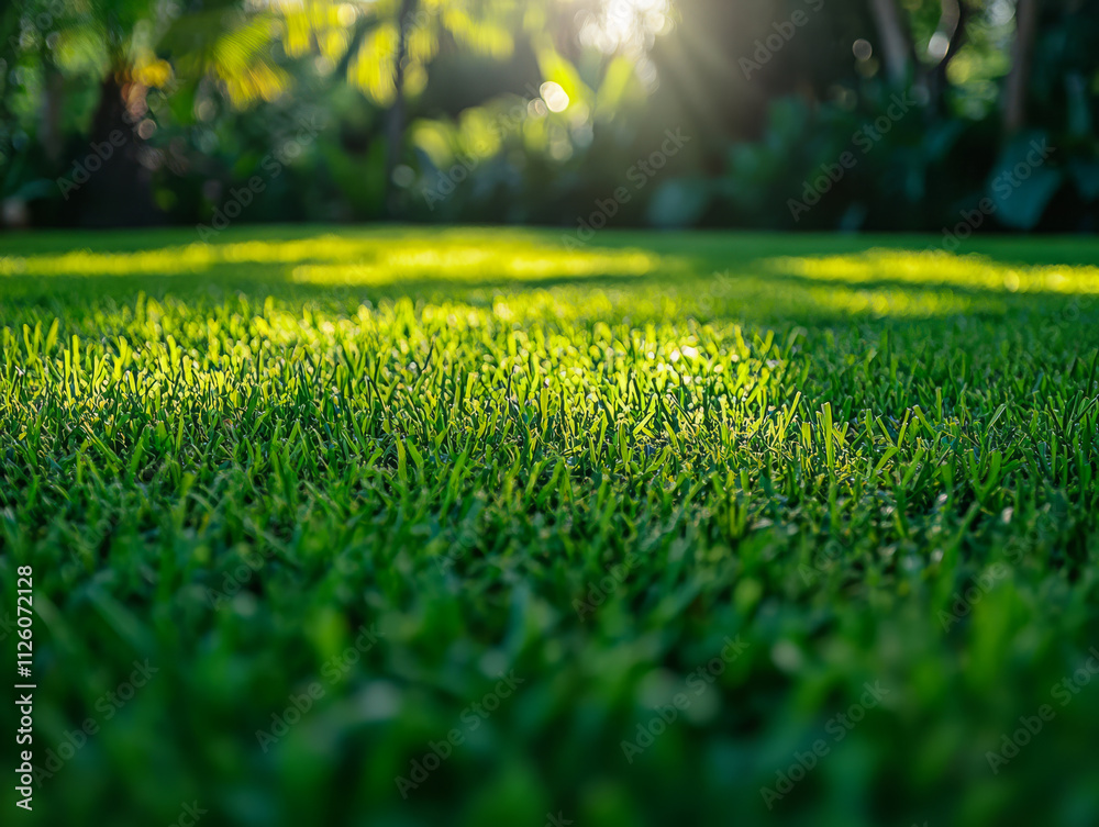 Lush green grass illuminated by sunlight in a serene garden setting with vibrant foliage Lush green grass illuminated by sunlight in a serene garden setting with vibrant foliage