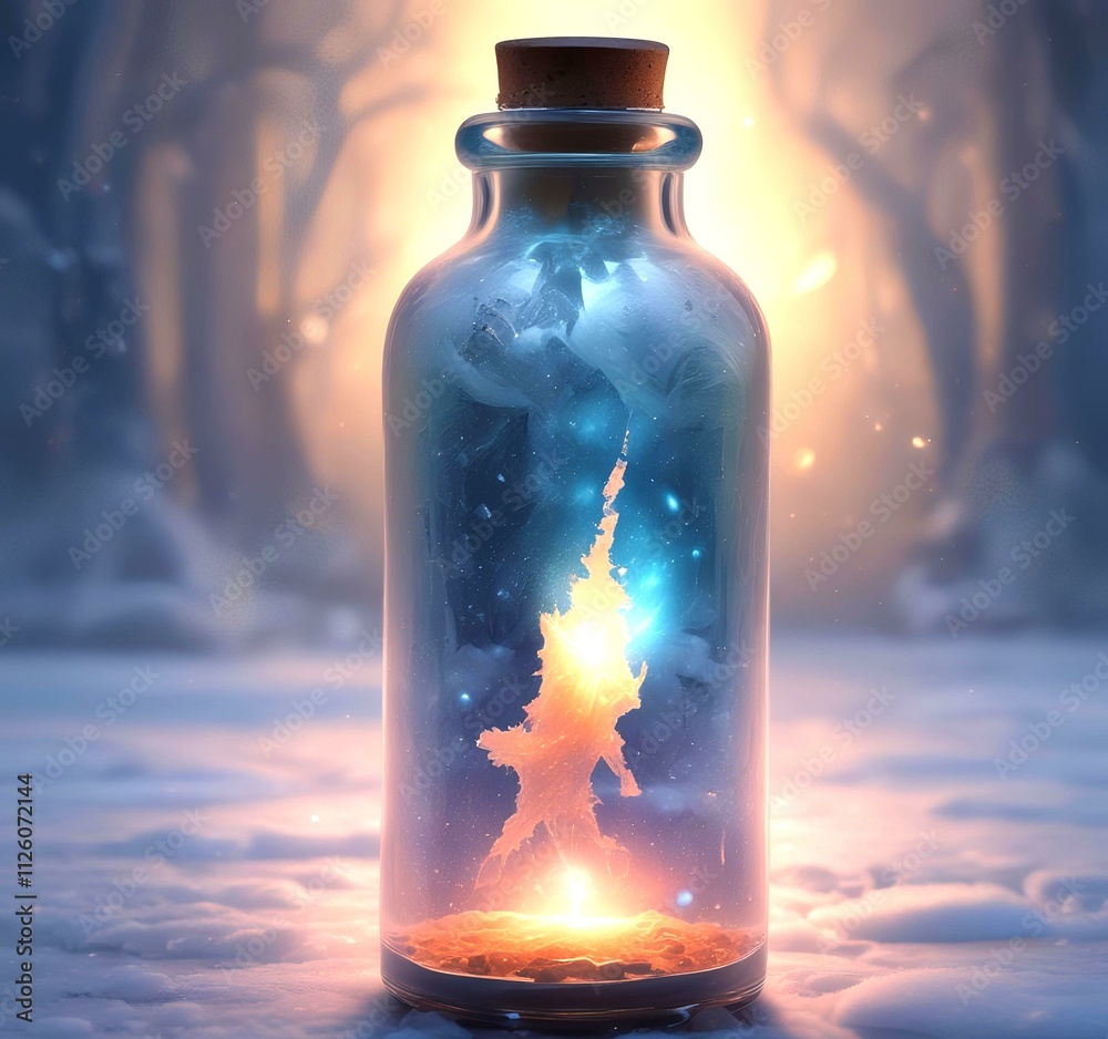 Illustration of bottle with magic spark inside. Illustration of bottle with magic spark inside.