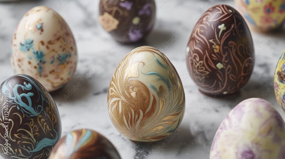 Decorative Chocolate Eggs with Intricate Designs on Marble Surface Decorative Chocolate Eggs with Intricate Designs on Marble Surface