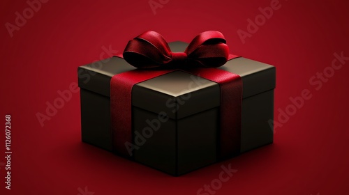 Artistic rendering of a festive gift box tied with a velvet red ribbon on a gradient red background