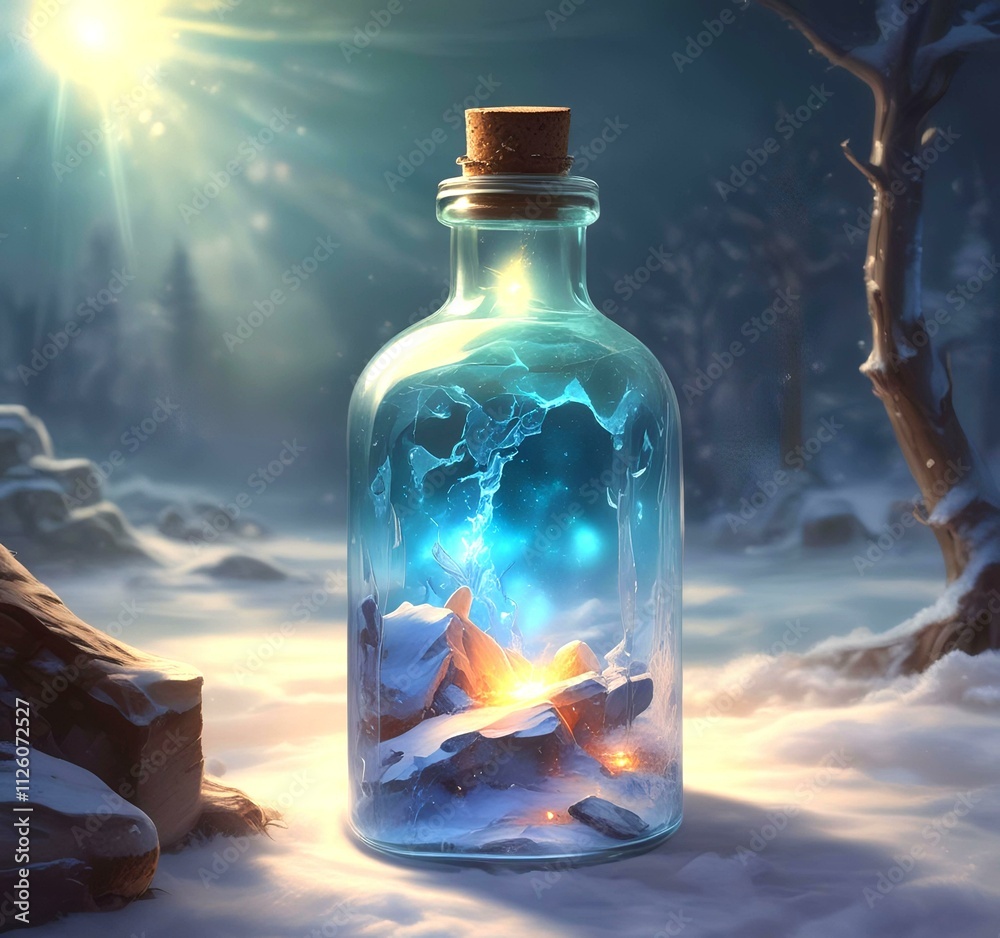 Illustration of bottle with magic spark inside. Illustration of bottle with magic spark inside.