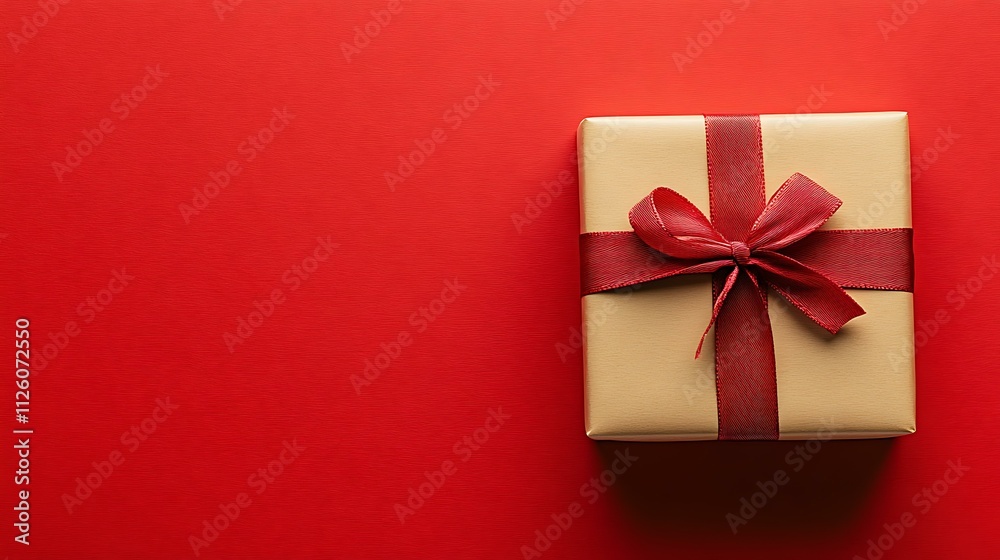 Beautifully wrapped gift with a red ribbon, isolated on a bright red backdrop Beautifully wrapped gift with a red ribbon, isolated on a bright red backdrop