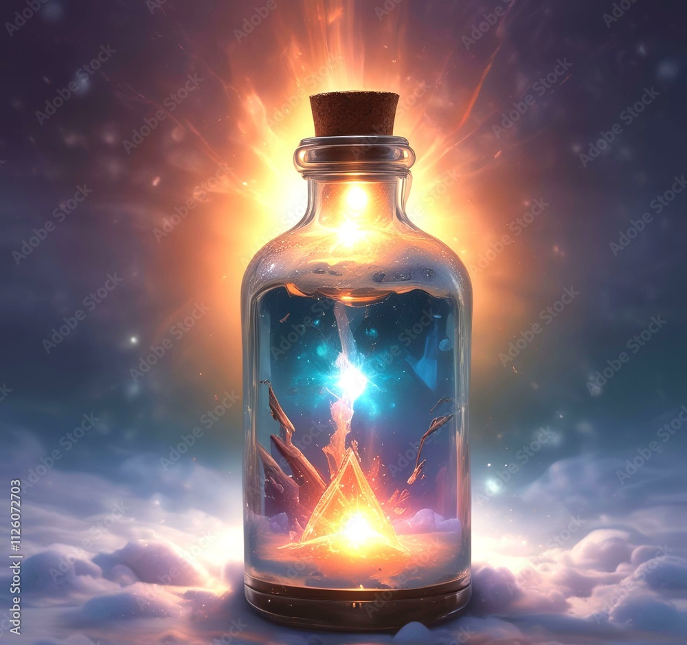 Illustration of bottle with magic spark inside. Illustration of bottle with magic spark inside.