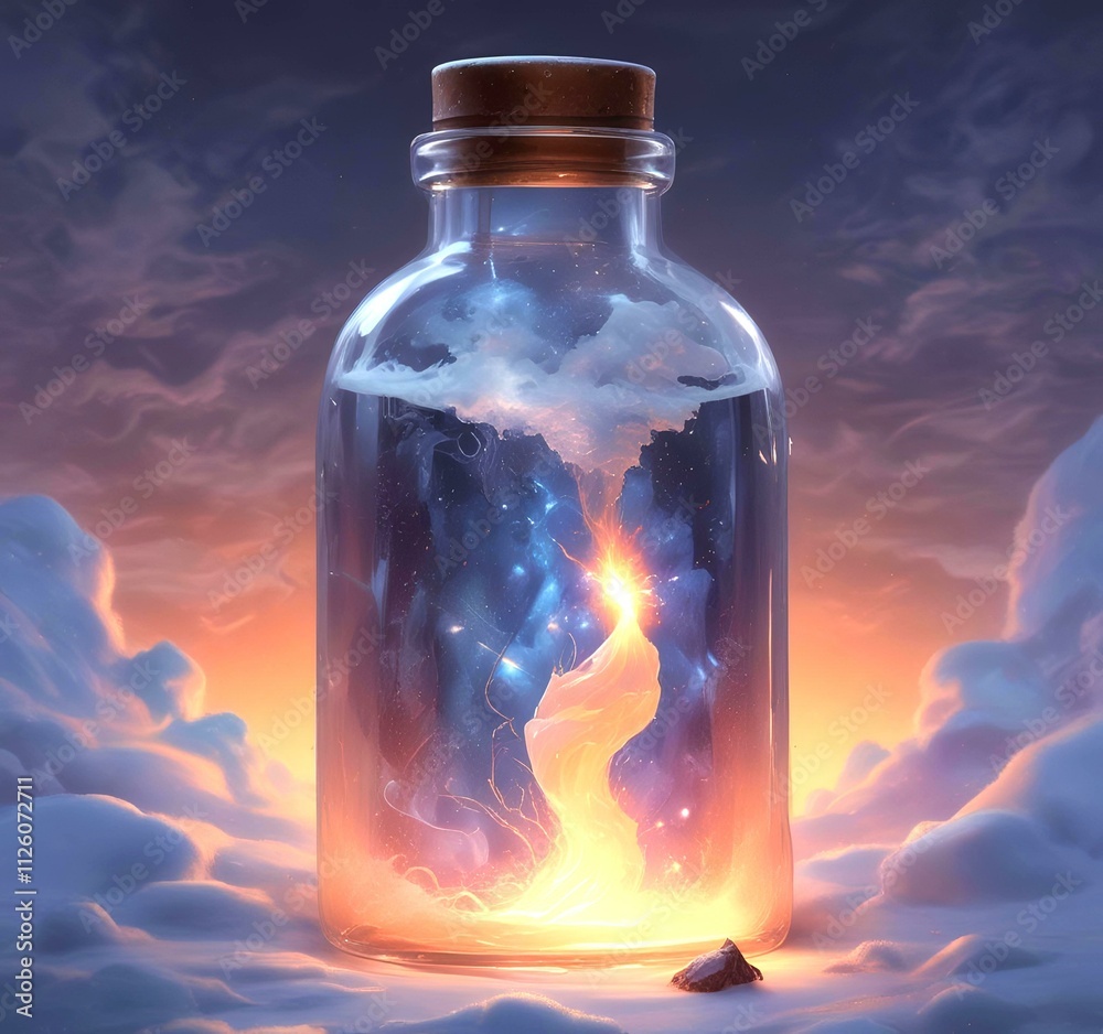 Illustration of bottle with magic spark inside. Illustration of bottle with magic spark inside.