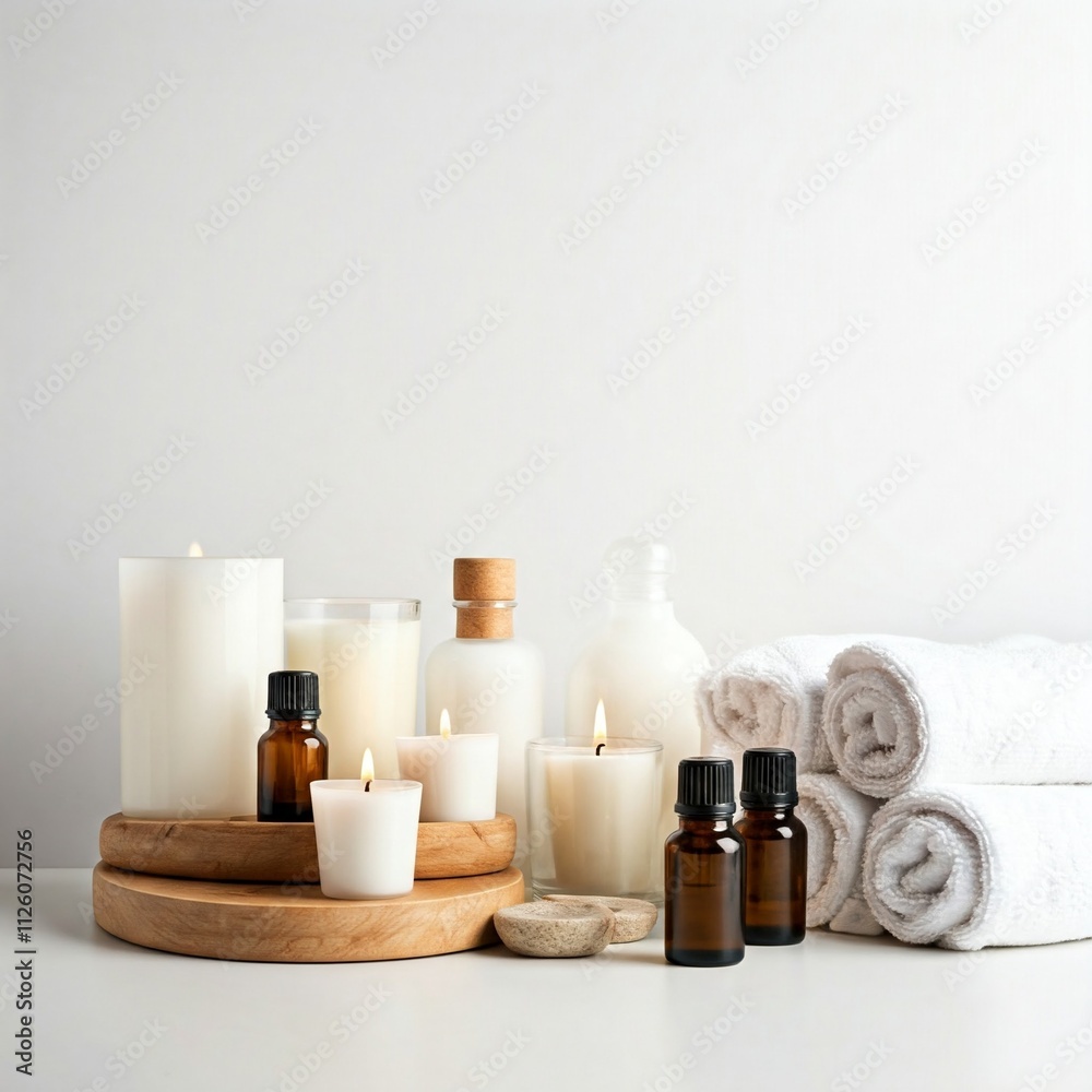 white and brown spa items with candles towels and essential oils on a white background white and brown spa items with candles towels and essential oils on a white background