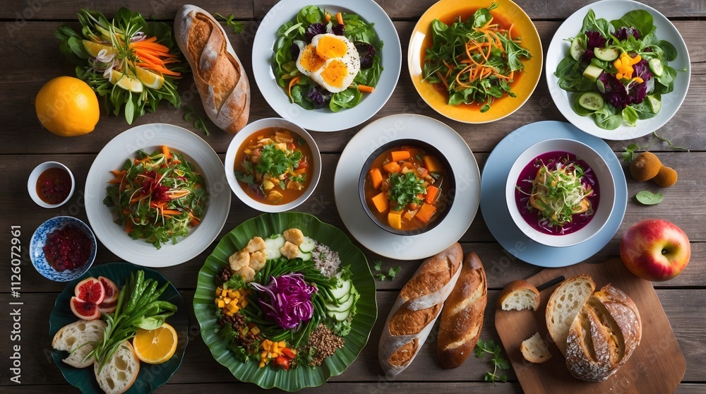 Table full of food with a variety of dishes including salads, soups, and bread Table full of food with a variety of dishes including salads, soups, and bread